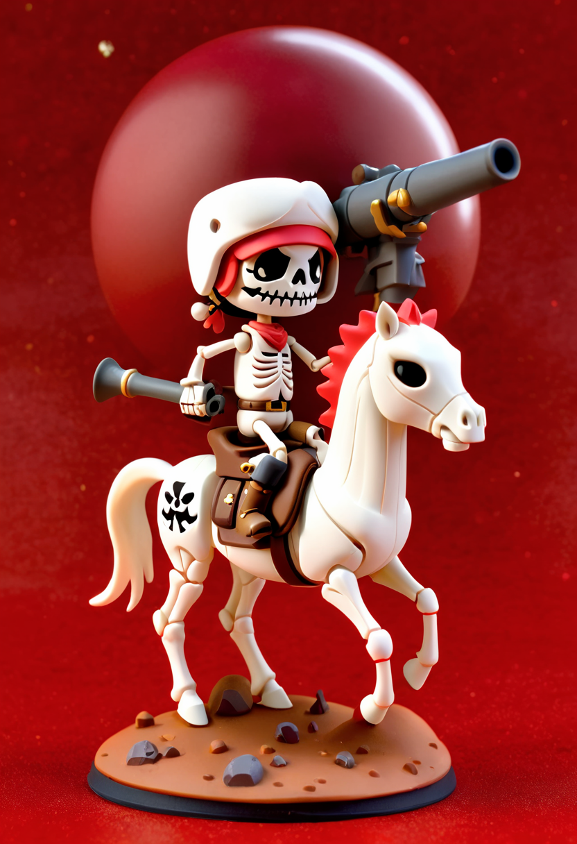 a skeleton-pirate riding a pony, holding a cannon. Background is a red mars planet, gmrndnr, vinyl figure, whimsical 3d character <lora:gmrndnr_v0.0.1:1>
