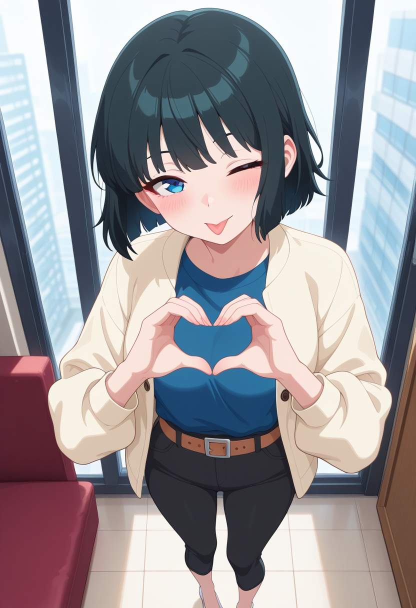 masterpiece, best quality, amazing quality, absurdres, 1girl, solo, sonokoww, blue eyes, black hair, short hair, bob cut, cream jacket, casual jacket, blue shirt, long sleeves, brown belt, black capri pants, white footwear, high heels, <lora:Kagetsu_Sonoko_Me_and_the_Alien_MuMu_ill:0.8>, standing, heart hands, blush, one eye closed, tongue, tongue out, looking at viewer, indoors, skindentation, detailed clothing folds, depth of field, sharp, high contrast, dynamic light