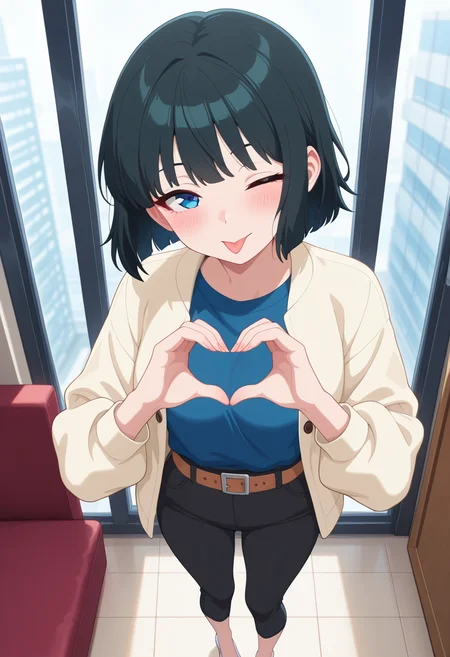 masterpiece, best quality, amazing quality, absurdres, 1girl, solo, sonokoww, blue eyes, black hair, short hair, bob cut, cream jacket, casual jacket, blue shirt, long sleeves, brown belt, black capri pants, white footwear, high heels, <lora:Kagetsu_Sonoko_Me_and_the_Alien_MuMu_ill:0.8>, standing, heart hands, blush, one eye closed, tongue, tongue out, looking at viewer, indoors, skindentation, detailed clothing folds, depth of field, sharp, high contrast, dynamic light