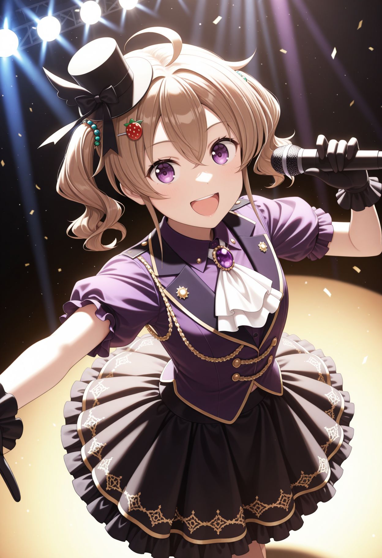 masterpiece,best quality,absurdres,highres,very aesthetic,high quality,detailed,insanely detailed,beautiful,perfect lighting, looking at viewer,
 <lora:Kimie Nagasawa :1> short hair, brown hair, twintails, ahoge, hair between eyes, hair ornament, food-themed hair ornament,  black headwear, mini top hat, hat ribbon, black ribbon, idol clothes, frills, purple shirt, collared shirt, white ascot, brooch, purple gemstone, puffy short sleeves, frilled sleeves, black gloves, black skirt, frilled skirt, holding microphone, on stage, smile, :d, stage, stage lights, dancing, performing, from above, looking at viewer,