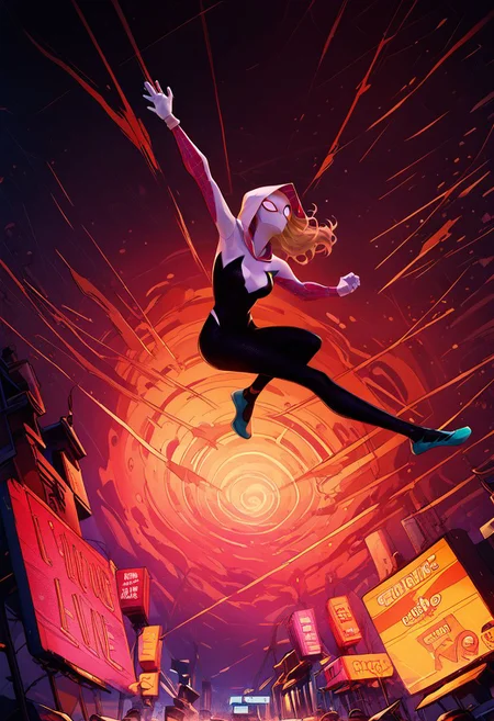 score_9, score_8_up, score_7_up, score_6_up, score_5_up, score_4_up, spider Gwen, swinging through Times Square, airborne, portrait, acrobatic, graceful, medium breasts, cinematic angle, cinematic lighting, action, determination, masterpiece, n30n, neon lights, SVstyle, halftone, ben-day dots, chromatic aberration,