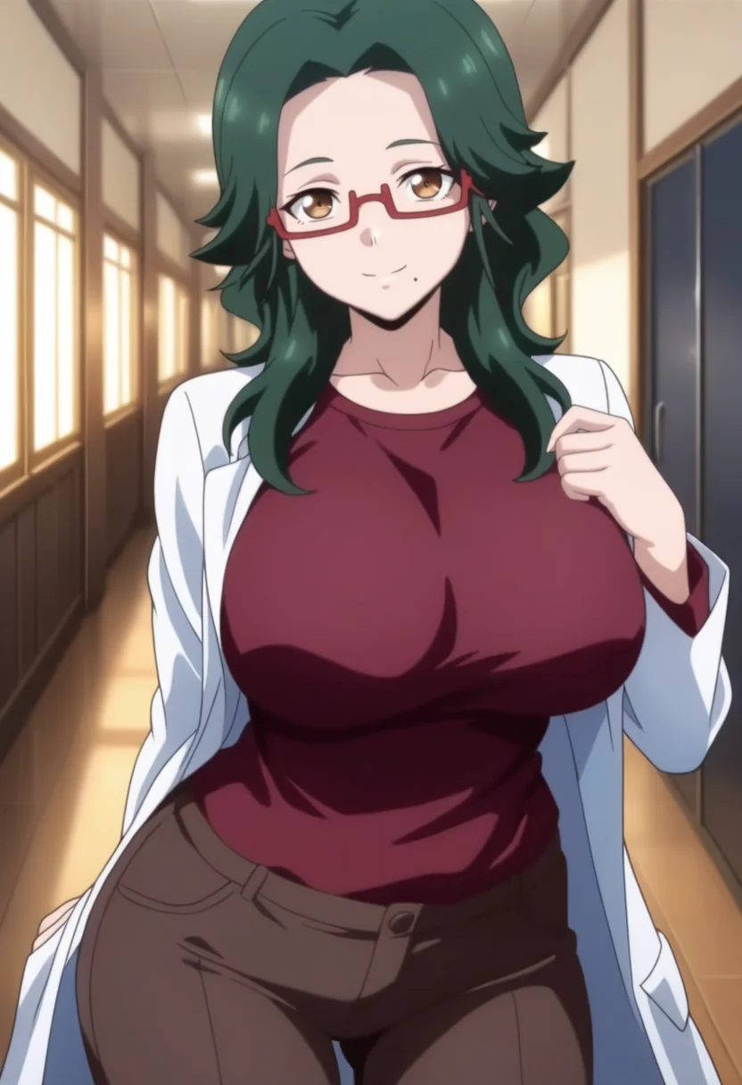 masterpiece, best quality, amazing quality,asari jiangma, brown eyes, green hair, long hair, glasses, mature female, mole under the lip, 1girl, breasts, semi-rimless eyewear,under-rim eyewear, solo,large breasts, red-framed eyewear, labcoat,maroon t-shirt,brown pants,closed mouth, smile, standing, looking at viewer, cowboy shot, indoors, hallway, blurry background <lora:asari jiangmaV1:0.9>