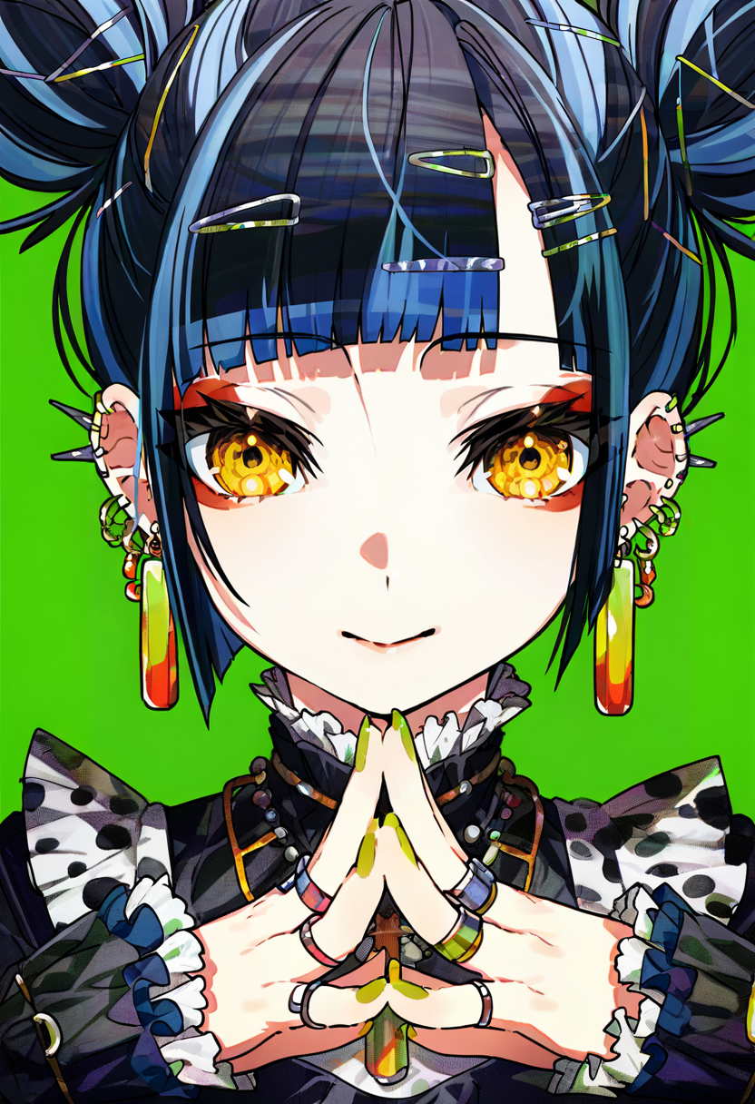 1girl, jewelry, solo, earrings, ring, looking at viewer, hair bun, yellow eyes, double bun, smile, bangs, green background, blue hair, piercing, simple background, own hands together, ear piercing, multiple rings, upper body, closed mouth, black hair, long sleeves, hair ornament, frills, cross, blunt bangs, hairclip, nail polish, fingernails, dress <lora:mikaXL_NBVP1_lokr_V6311PZ:0.95>