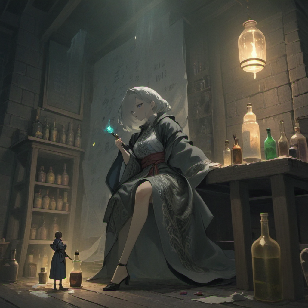 ((dirty)), highly detailed person, (miniature:1.2), 30 year old woman,  very loose oversized baggy clothes, fantasy adventures party, broken cloth, dungeon, close-up, standing on wooden chair,  woman next to magical paper scroll, woman next to potions bottle, anime style, UHD 8k wallpaper, <lora:shrunken:1.1>