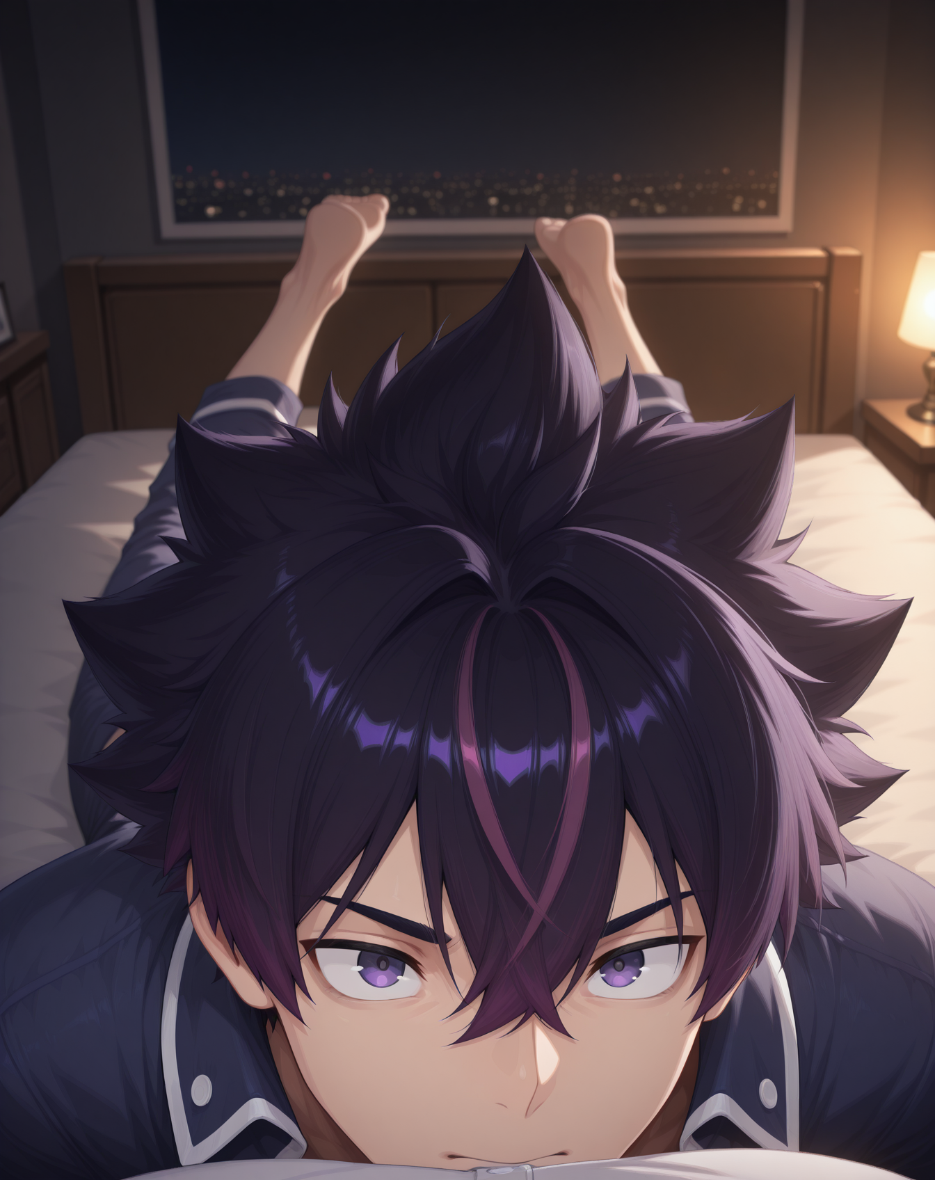 masterpiece,best quality,amazing quality, newest, very aesthetic, absurdres,
1boy, solo, yaoi, male focus, looking at viewer, full body, face focus, lying, on bed,
<lora:Sieghart_Old_Limit_Break_ilxl:1> siegolb, spiked hair, black hair, greyeyes, short hair, purple hair, multicolored hair, hair between eyes,
pajamas, open clothes,
indoors, night, dark room, bedroom,