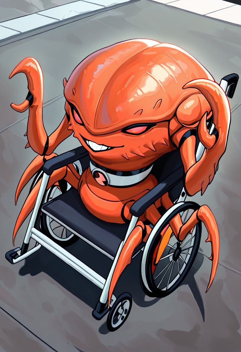 masterpiece, best quality, amazing quality, very aesthetic, absurdres, newest,
brainstorm, solo, teeth, no humans, pokemon (creature), , clenched teeth,  crab, crab claws, , , collar,, full body, spider legs, lobster claws, 
massive crab claws, massive lobster claws, chela, , smile, wheelchair, on wheelchair, cripple,