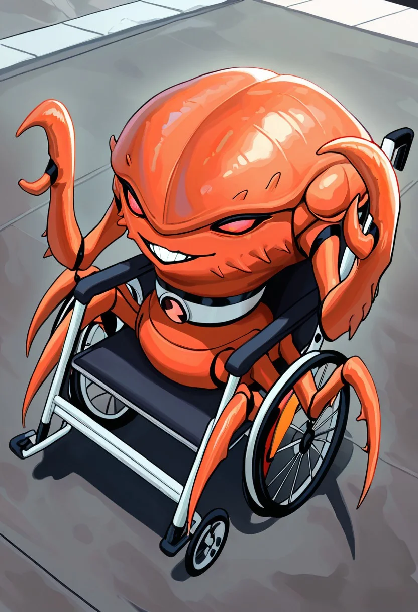 masterpiece, best quality, amazing quality, very aesthetic, absurdres, newest,
brainstorm, solo, teeth, no humans, pokemon (creature), , clenched teeth, crab, crab claws, , , collar,, full body, spider legs, lobster claws,
massive crab claws, massive lobster claws, chela, , smile, wheelchair, on wheelchair, cripple,