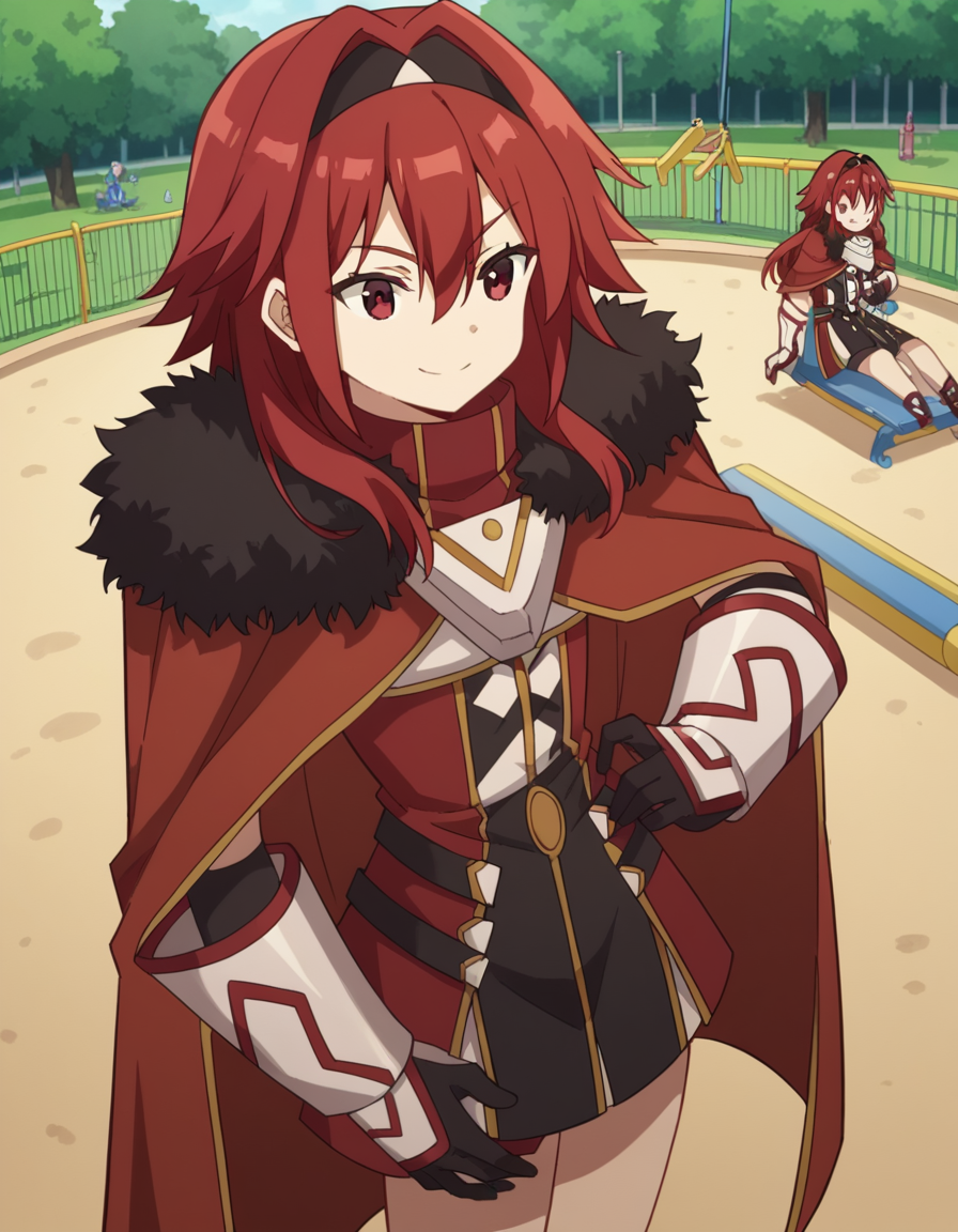 score_9, score_8_up, score_7_up, source_anime, <lora:bofuri-mii-s2-ponyxl-lora-nochekaiser:1>, mii, long hair, bangs, red eyes, hair between eyes, sidelocks, red hair, hairband, black hairband,, gloves, black gloves, cape, armor, fur trim, red cape,, public park, playground, swing set, laughter, sunny day, smile, , hand on waist, elbow up, foot on tiptoe, solo,, cowboy shot, dutch angle