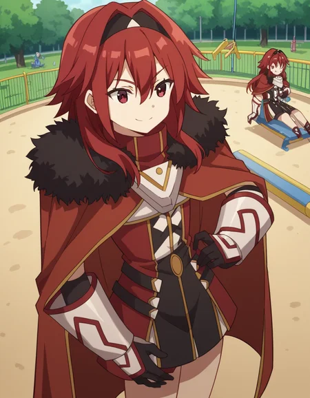 score_9, score_8_up, score_7_up, source_anime, <lora:bofuri-mii-s2-ponyxl-lora-nochekaiser:1>, mii, long hair, bangs, red eyes, hair between eyes, sidelocks, red hair, hairband, black hairband,, gloves, black gloves, cape, armor, fur trim, red cape,, public park, playground, swing set, laughter, sunny day, smile, , hand on waist, elbow up, foot on tiptoe, solo,, cowboy shot, dutch angle