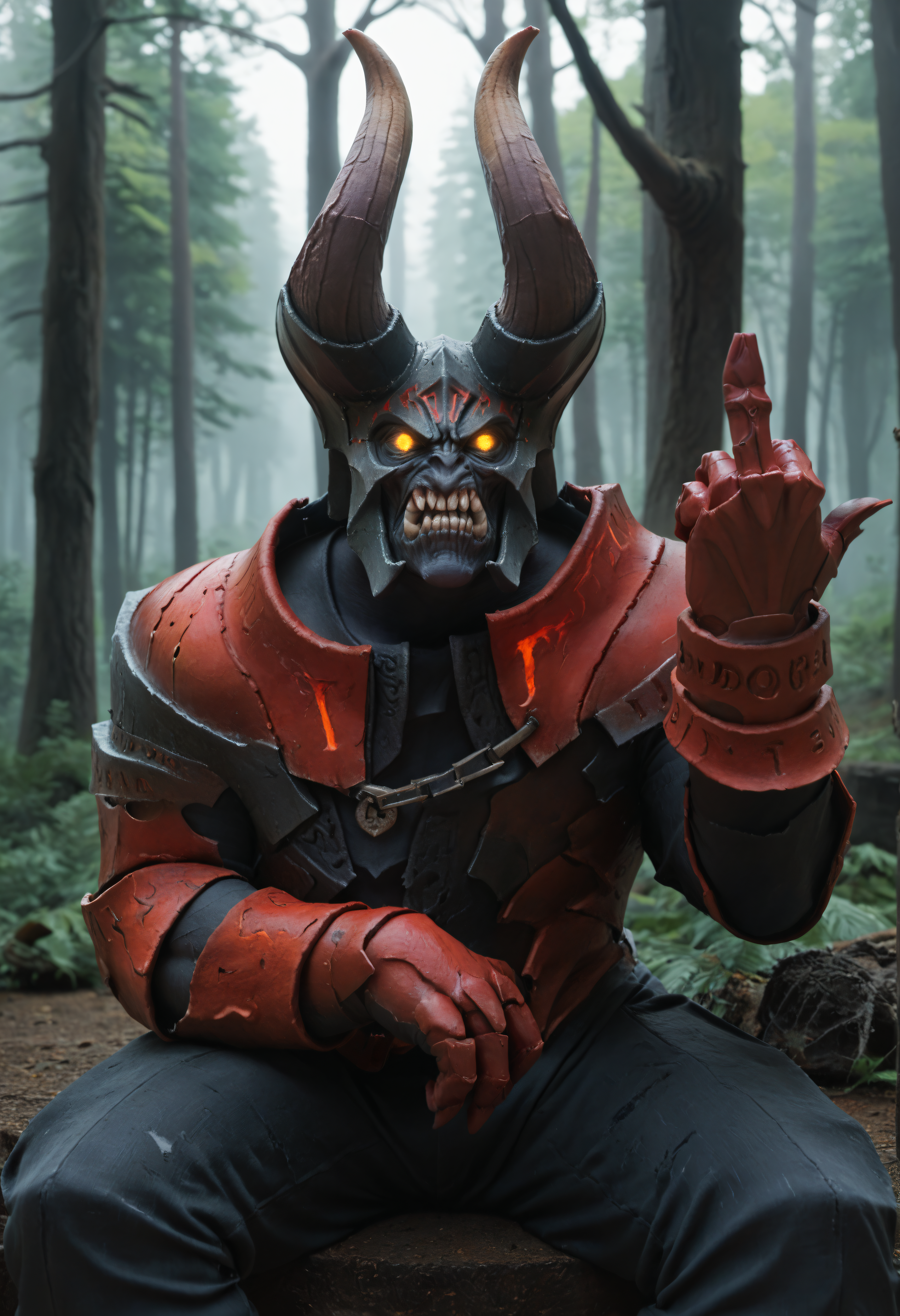score_9, score_8_up, score_7_up, score_6_up, score_5_up, score_4_up, rating_safe, BREAK, 1boy, solo, sitting, cowboy shot, doompdxl, male, yellow eyes, armor, horns, helmet, looking at viewer, middle finger, angry, glowing eyes, demon, realistic, monster, (colored sclera, no pupils), teeth, <lora:LuciferTheDoombringer:0.8> forest, dead trees,