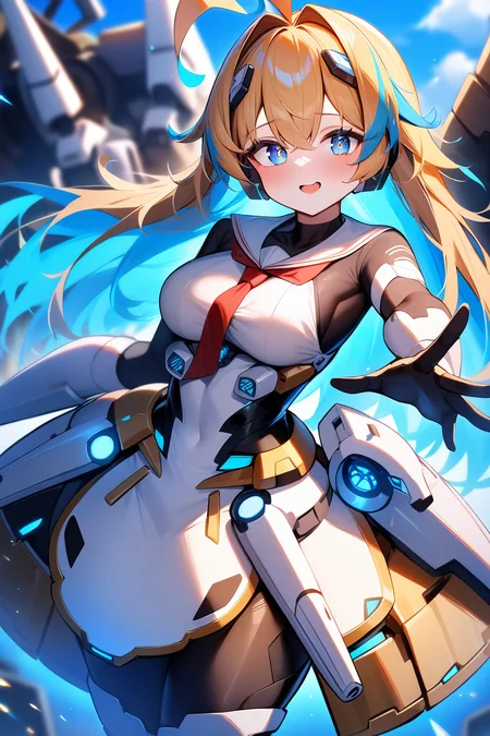 <lora:llmy>,1girl,blonde hair,streaked hair,blue hair,blue eyes,dress,ahoge,mecha_musume,, masterpiece, best quality, very aesthetic, absurdres