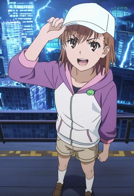 masterpiece, best quality, absurdres, highres, intricate details, very aesthetic, on-model, accurate art style, anime screencap, anime coloring, show accurate, cartoon screencap, movie accurate, official screencap, style parody, flat colors, official art, proper proportions, extremely detailed, newest, 2024, BREAK, 1girl, misaka mikoto, short hair, brown hair, hair ornament, hair flower, baseball cap, hoodie, hood, hood down, jacket, hooded jacket, collarbone, shorts, white socks, loafers, brown loafers, shoes, BREAK, standing, heroic pose, furrowed brow, mischievous smile, open mouth, electricity, electric sparks, BREAK, detailed background, outdoors, nighttime, city landscape, sidewalk, BREAK, cowboy shot, from above, BREAK, vibrant colors, cinematic lighting, 75% soft lighting, 25% dark lighting