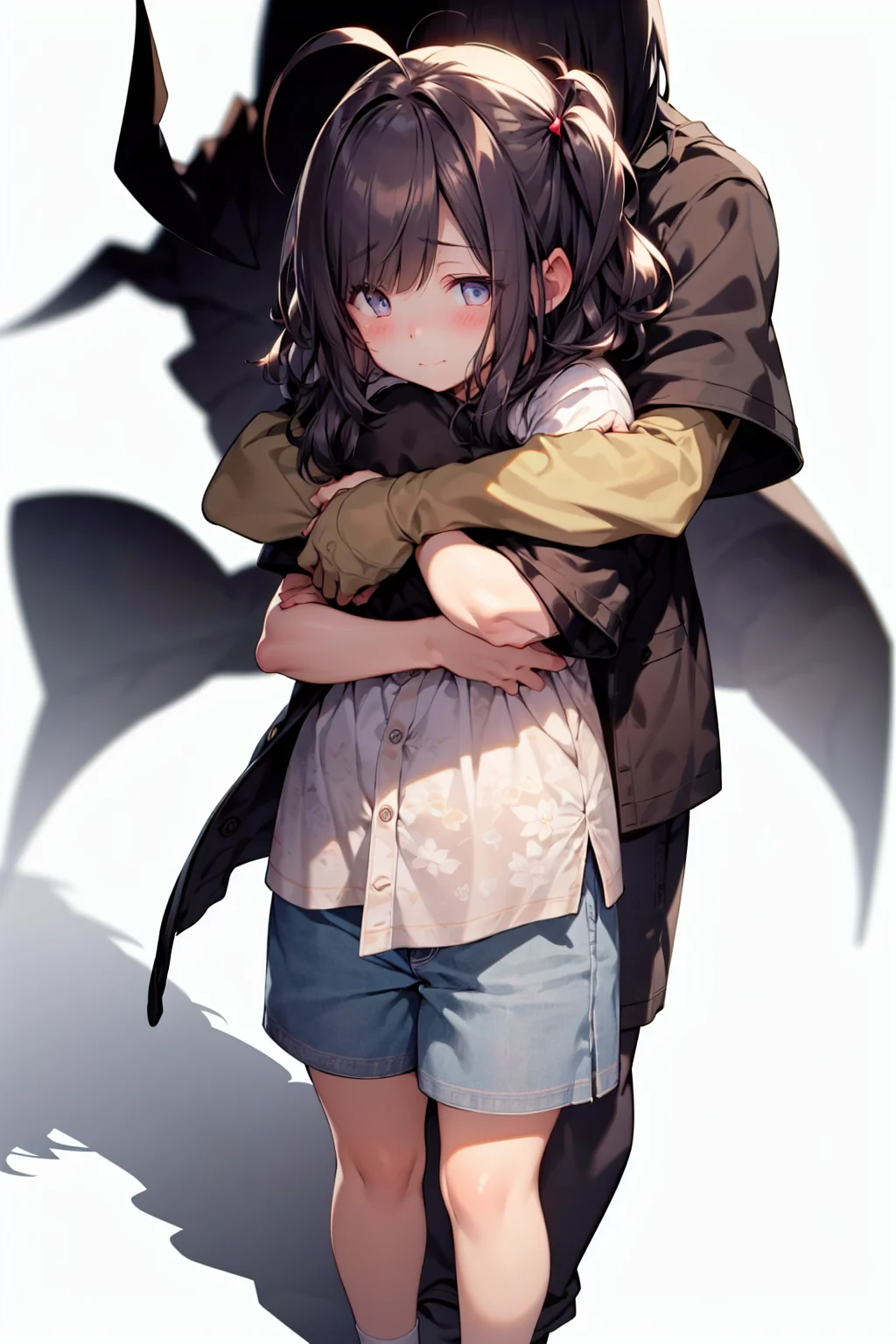shadowhug, shorts, shirt, blush, white shirt, white background, 1girl, short sleeves, black hair, shoes, hug from behind, bangs, standing, ahoge, closed mouth, simple background<lora:shadowhug-000009:1>