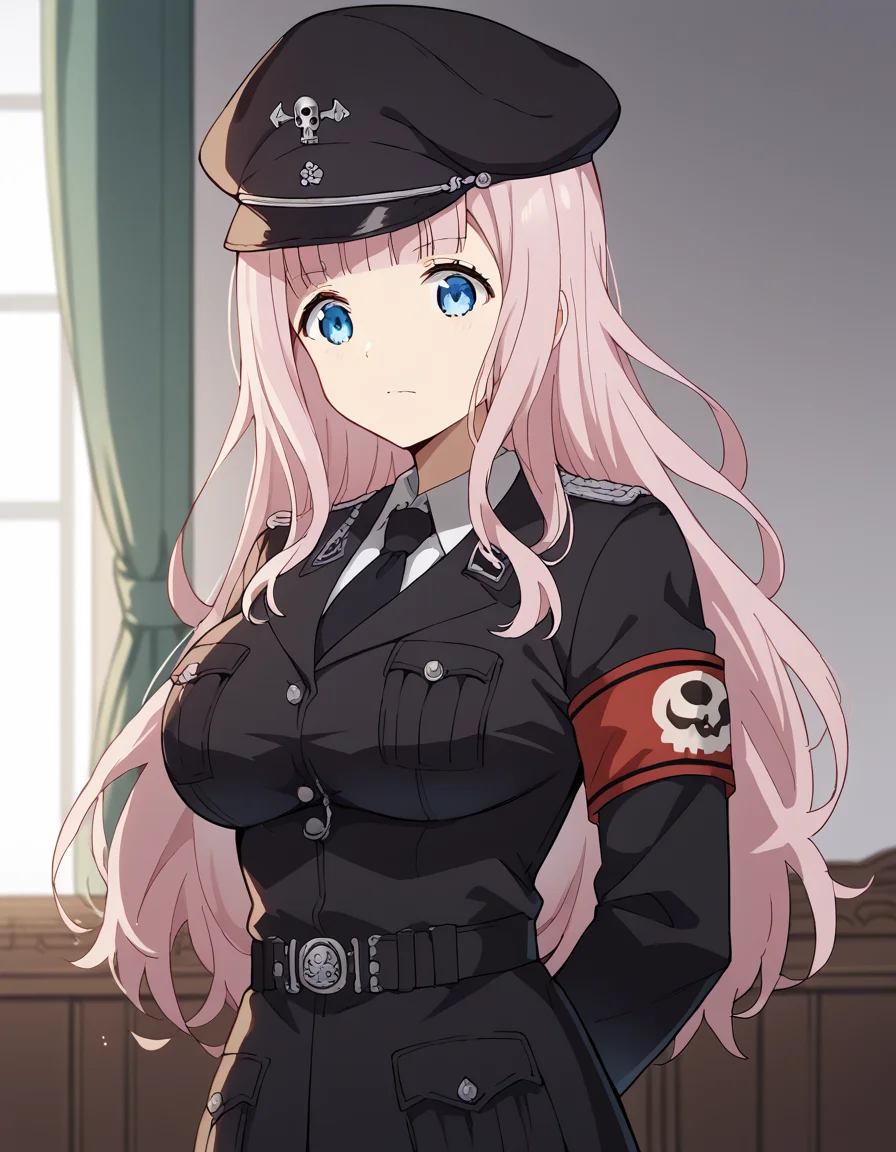 score_9, score_8_up, score_7_up, source_anime, chikafujiwara, <lora:chika-fujiwara-s3-ponyxl-lora-nochekaiser:1>, chika fujiwara, long hair, bangs, blue eyes, bow, pink hair, hair bow, blunt bangs, black bow, large breasts,, <lora:warden-ponyxl-lora-nochekaiser_r1:1>, skull hat ornament, uniform, military uniform, black uniform, hat, cap, black cap, armband, collared shirt, black necktie,, indoors, hands behind back,, cowboy shot,