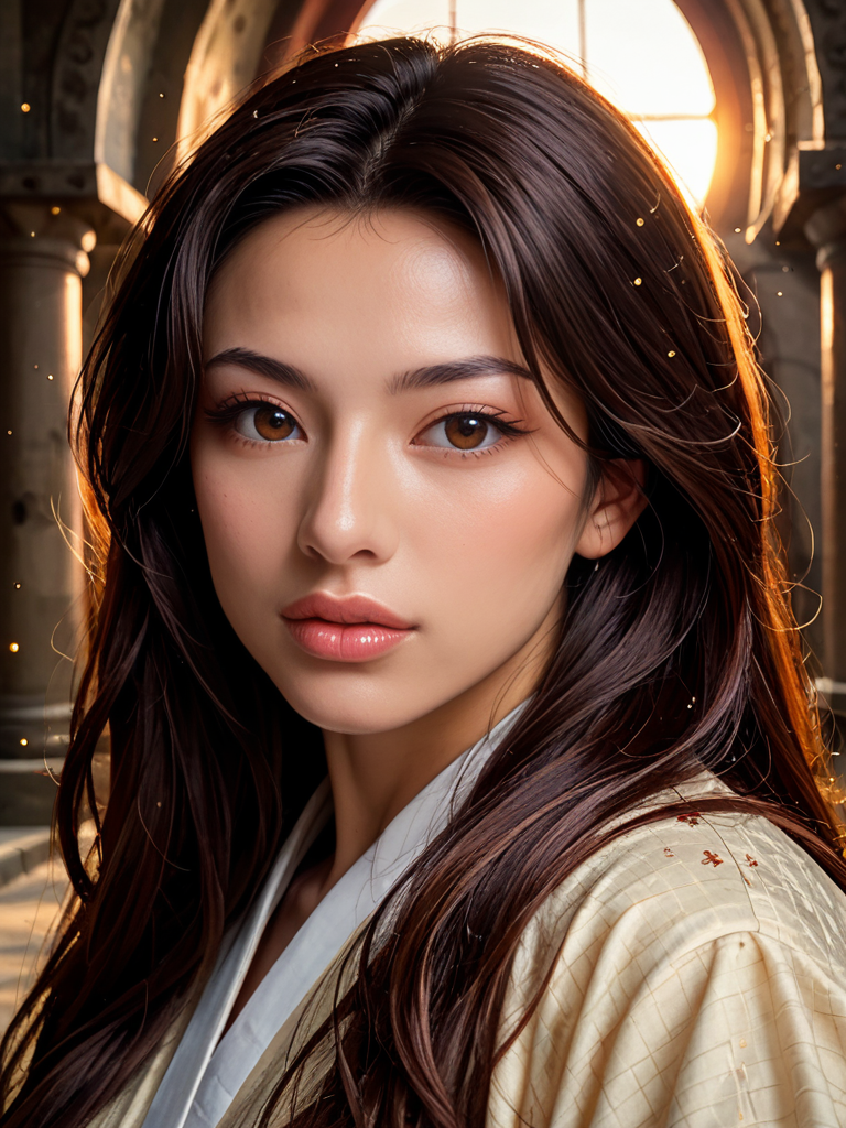 Score_9, score_8_up, score_7_up, (monolid:1.4), asian, japanese, bignoselady, large nose, aquiline, ((subsurface scattering)), dust particles, grain,  <lora:Big_Nose_Ladies:.8>, 1girl, curvy, (porcelain skin),  background is ancient samurai castle, looking at viewer, brown eyes, profile, (big lips), cupids bow, bow shaped lips, parted lips, illuminated in orange sunset light