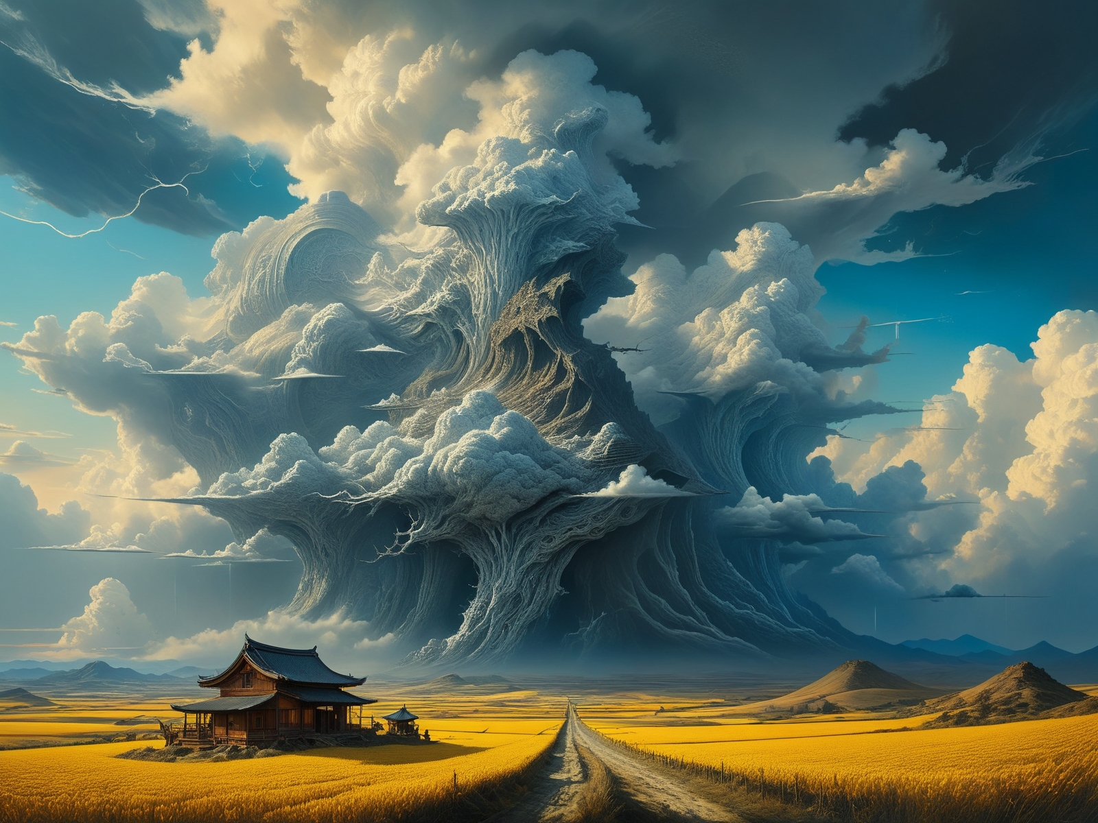 , Surrealist art, ultimate Surreal Art, ultimate strange art,cool full color, ultimate strange deformed object, ((ultimate strange detailed background)),ultimate strange landscape,the space is filled with strange incomprehensible surreal things, strange unreal surreal vision,
<lora:4.0:0.7> , <lora:abysues:0.8>,  <lora:add-detail-xl:0.8>, dreamlike, mysterious, provocative, symbolic, intricate, detailed, ultradetaled,8k,perfect, super detailed, award winning art,
valleys,
very few clouds, and thunderstorm, and one big cloud,,,
morning,
Ichiro Fukuzawa,
detailxl,