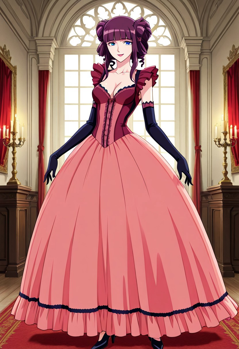 score_9,score_8_up,score_7_up,source_anime,5_figner,2d_animation,game cg,BREAK,1girl,solo,stella,
bangs,blunt bangs,drill hair,hair bun,double bun,purple hair,blue eyes,lipstick,
pink dress,cleavage,elbow gloves,collarbone,frill,dress,high heels,
medium breasts,smile,front view,full body,looking at viewer,standing,
red curtain.gothic room,medieval interior,
indoor,window,chandelier,candle,white wall, 
masterpiece,best qualit,ultra-detailed,illustration,an extremely delicate and beautiful,beautiful detailed eyes,unity 8k wallpaper,high resolution,anime CG,official_art,