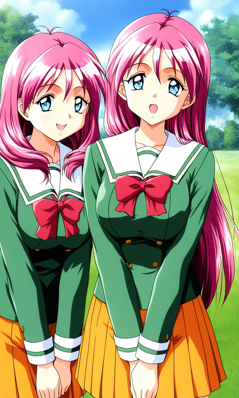 general,highres, ultra-detailed,very aesthetic,best quality ,best hands, BREAK <lora:Shirayuki_Mihoï¼Maho_Tokimeki_Memorial2_IS:1>
Shirayuki_Mihoï¼Maho, pink hair, blue eyes, long hair, large breasts, 
twins, 2girls,happy,
school uniform, bow, green shirt, long sleeves, shirt, pleated skirt, orange skirt, red bow, sailor collar, smile, v arms, looking at viewer, open mouth, yellow skirt, jacket, :o, cowboy shot, standing, blue sky, grass,
