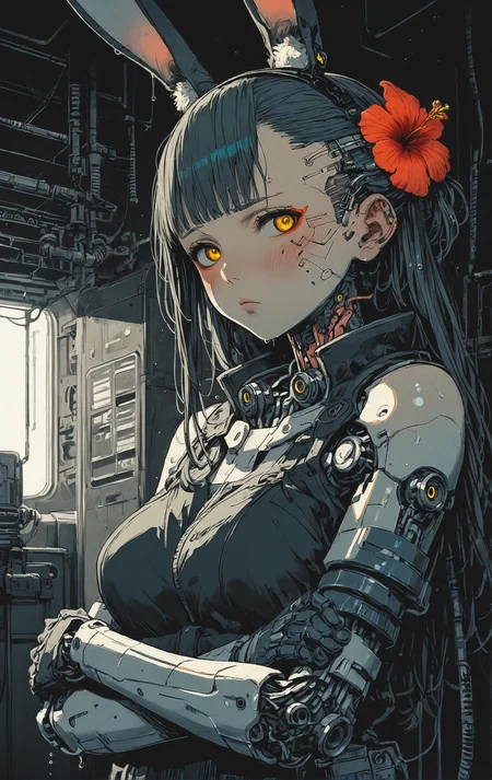 score_9, score_8_up, score_7_up, source_anime ,mad-cbrpnksplshrt, sinozick style, flat color, dark theme, monochrome,
BREAK
1girl, solo, rabbit ears, long hair, wet, hibiscus hair ornament, dramatic lighting,, detailed shadow, realistic, cinematic photo, cyberpunk, (shy, covering privates, looking at viewer:1.2), (dutch angle:1.2), (synthwave:0.2), large breasts,
light particles, absurdres <lora:Neon_Splash_Art_for_Pony:0.5> <lora:Sinozick_Style_XL_Pony:0.8> <lora:SDXLHighDetail_v5:0.3> <lora:Reelmech_pony_ed_v1_3:0.3> reelmech, mechanical parts, cable, wires, machinery, joints