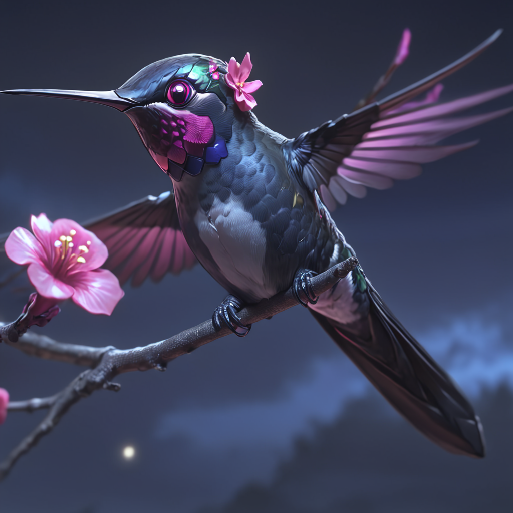 <lora:Crimson_LuminarySDXL:1> ArsMJStyle, Crimson Luminary, The image shows a hummingbird perched atop a tree branch with pink flowers against a backdrop of a night sky. The bird is animated giving the image a lively and vibrant feel., no humans, flower, bird, pink flower, flying, animal focus, branch, blurry, wings, animal