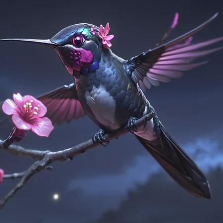 <lora:Crimson_LuminarySDXL:1> ArsMJStyle, Crimson Luminary, The image shows a hummingbird perched atop a tree branch with pink flowers against a backdrop of a night sky. The bird is animated giving the image a lively and vibrant feel., no humans, flower, bird, pink flower, flying, animal focus, branch, blurry, wings, animal