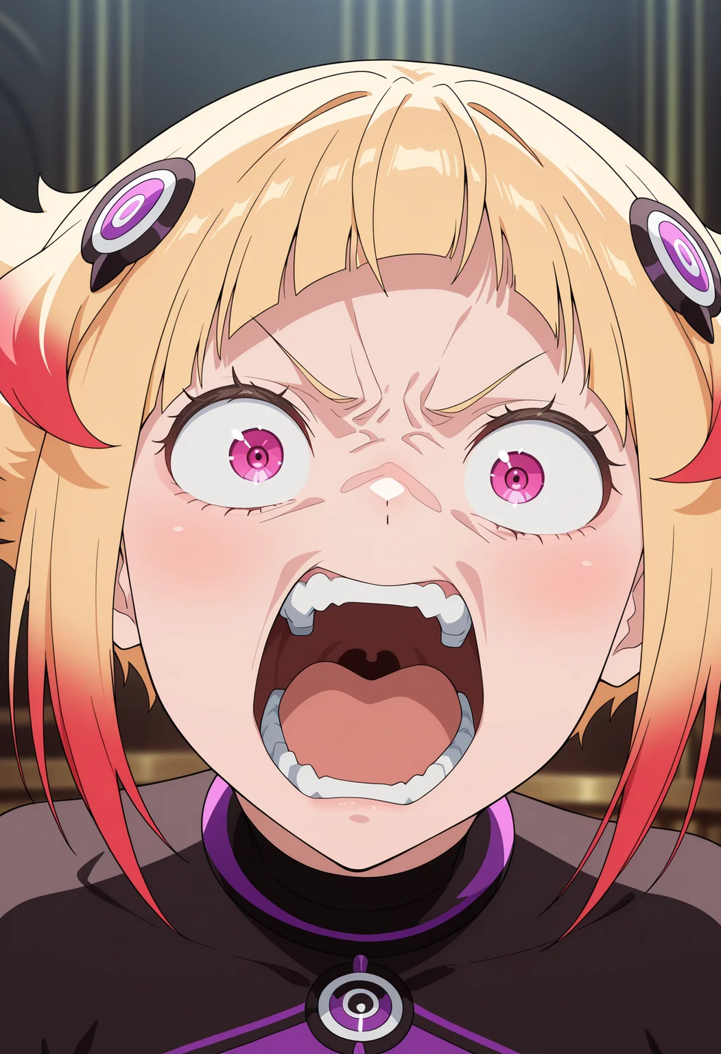 masterpiece, best quality, high resolution, source_anime, highly detailed illustration, detailed eyes,
very aesthetic, absurdres, newest, amazing quality,
<lora:shiLustmiliaV1ill:1.0>, shicapelut, 1girl, solo, looking at viewer, open mouth, short hair, blonde hair, hair ornament, purple eyes, multicolored hair, red hair, teeth, pink eyes, gradient hair, parody, angry, meme, wide-eyed, shouting