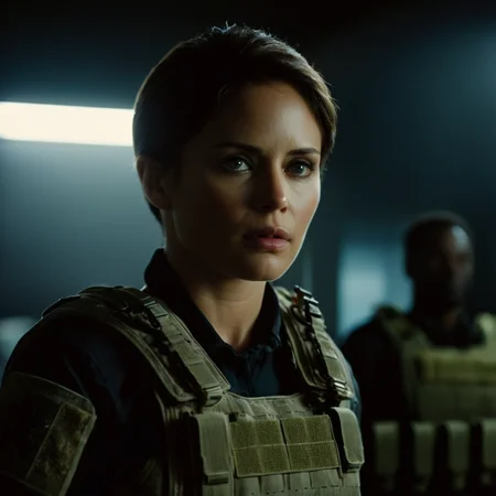 cinematic film still of <lora:add-detail-xl:0.1>1
<lora:detailed:0.2>
<lora:perfection style:0.2>
<lora:eyetune:0.5>
<lora:xl_more_art-full_v1:0.3>
<lora:Ron Fricke style:0.3>
<lora:Unreal Engine style:0.2>
<lora:TeethXL:1>
<lora:Chiaroscuro Lighting Style:0.3>
 <lora:sicario style:0.9>
Kate Macer a woman standing in a dark room with a light on,solo,short hair,black hair,1boy,upper body,male focus,indoors,dark skin,dark-skinned male,crown,dark , modern warfare, military tactical, movie themed, sharp, detailed, epic cinematic photography, artistic, dramatic light, cinematic color style, Kodak film style, sicario style, shallow depth of field, vignette, highly detailed, high budget, bokeh, cinemascope, moody, epic, gorgeous, film grain, grainy