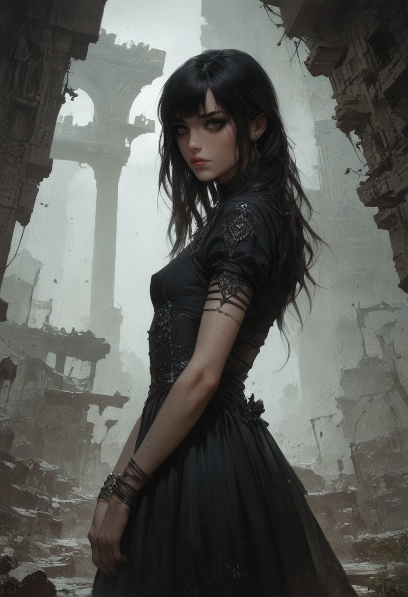 score_9, score_8_up, score_7_up, score_6_up, 1 woman, goth, 80s, age 18,  cute, petite, extremely detailed, high quality, realistic, beautiful brown eyes, Extra small breasts, black dress ,  thick open hair with bangs, dark theme, low light, from hip up, barren landscape with ruins, (masterpiece, best quality, highly detailed, realistic),  muted colors,