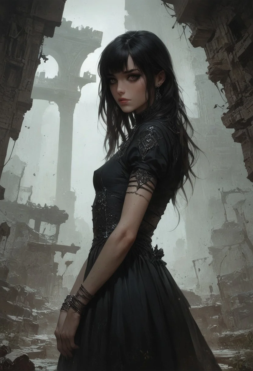 score_9, score_8_up, score_7_up, score_6_up, 1 woman, goth, 80s, age 18, cute, petite, extremely detailed, high quality, realistic, beautiful brown eyes, Extra small breasts, black dress , thick open hair with bangs, dark theme, low light, from hip up, barren landscape with ruins, (masterpiece, best quality, highly detailed, realistic), muted colors,