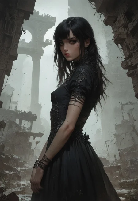 score_9, score_8_up, score_7_up, score_6_up, 1 woman, goth, 80s, age 18, cute, petite, extremely detailed, high quality, realistic, beautiful brown eyes, Extra small breasts, black dress , thick open hair with bangs, dark theme, low light, from hip up, barren landscape with ruins, (masterpiece, best quality, highly detailed, realistic), muted colors,