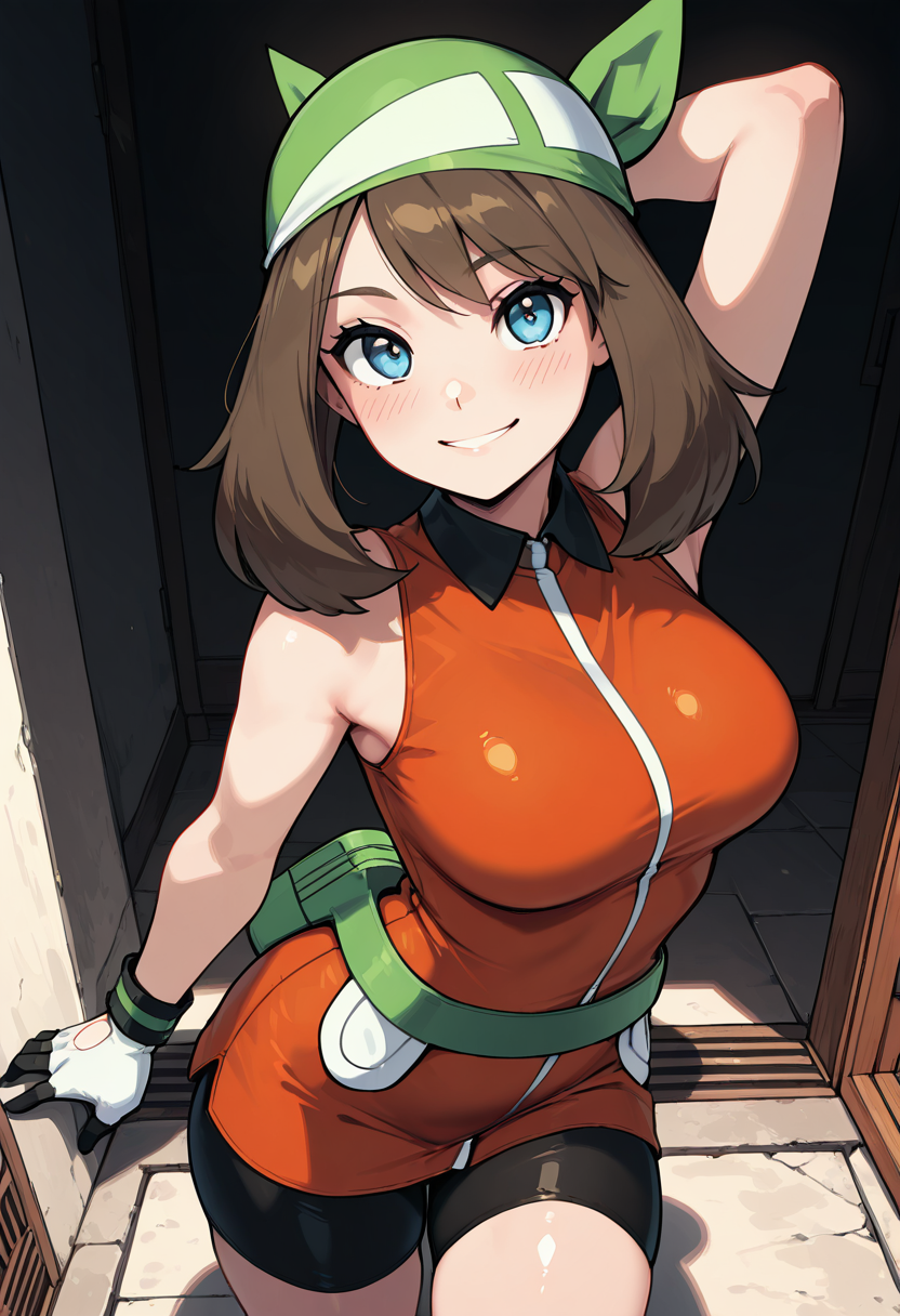 masterpiece, best quality, solo, curvy, beautiful eyes,  zzMayEm, blue eyes, brown hair, medium hair, gloves, green bandana, orange dress, bike shorts, sleeveless, fanny pack, green bag, ,<lora:MayEmeraldPokemon_IXL_v2:1.0>,from above, dynamic pose, cowboy shot, smile, looking at viewer, shiny skin,