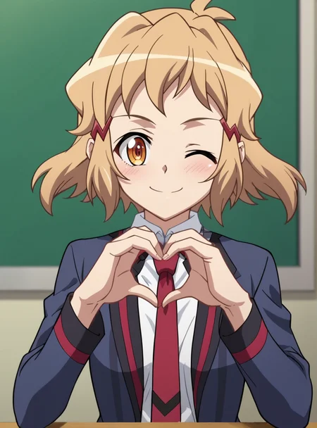 score_9, score_8_up, score_7_up, score_6_up, score_5_up, score_4_up, BREAK source_anime, masterpiece , anime screencap, anime_lineart anime coloring, solo <lora:TachibanaHibiki-000004:0.8>tachibana hibiki (symphogear), school uniform, white shirt, red necktie,, open jacket, smile,heart hands,blazer upper body, wink
