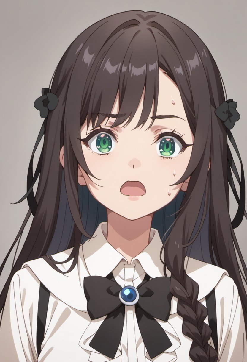score_9, score_8_up, score_7_up, source_anime, clover alina, dark brown hair, green eyes, long hair, 1girl, solo, bow, shirt, white shirt, black bow, open mouth, black bowtie, bowtie, collared shirt, braid, upper body, sweatdrop