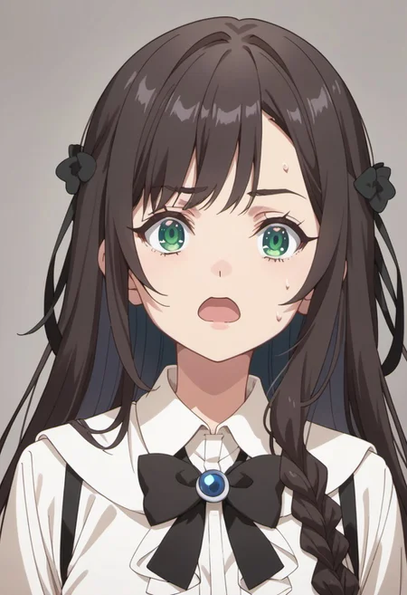 score_9, score_8_up, score_7_up, source_anime, clover alina, dark brown hair, green eyes, long hair, 1girl, solo, bow, shirt, white shirt, black bow, open mouth, black bowtie, bowtie, collared shirt, braid, upper body, sweatdrop