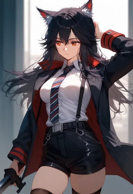 score_9, score_8_up, score_7_up, score_6_up, source_anime, <lora:FMT 0.2v:1>, FMT,
1girl, animal ears, solo, texas (arknights), weapon, necktie, sword, black hair, thighhighs, long hair, wolf ears, shirt, shorts, black thighhighs, collared shirt, jacket, holding, arms up, black necktie, black jacket, black shorts, holding sword, wolf girl, holding weapon, white shirt, looking away, long sleeves, striped necktie, animal ear fluff, orange eyes, looking to the side, cowboy shot, striped, blurry foreground, formal, belt, closed mouth, blurry, breasts, suspenders, open jacket, red eyes