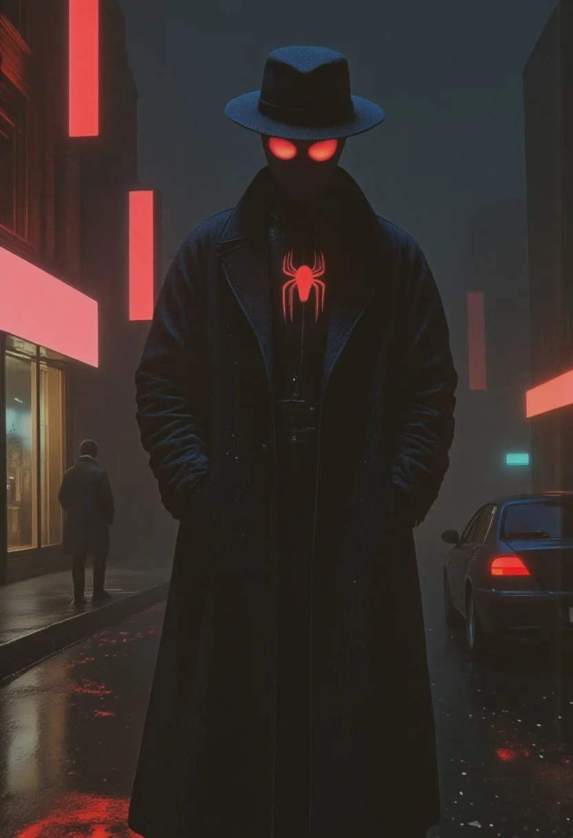 (city pop, neon-mist) A hyper-realistic close-up portrait of neo-noir Spider-Man, donning an oversized long coat that flares slightly at the bottom. The coat features intricate web-like embroidery along the cuffs and hems, with a bold crimson spider emblem subtly visible on the collar. He wears a classic wide-brimmed 1950s hat, tilted forward to cast a shadow over his mask. The mask’s lenses have a mirrored finish, reflecting the neon signs of a rain-soaked, noir-inspired cityscape. Raindrops cling to the coat and hat, the dim lighting accentuating the contrast between the vintage-inspired attire and the sleek, modern spider suit beneath. His poised and enigmatic stance adds an air of mystery to the scene.