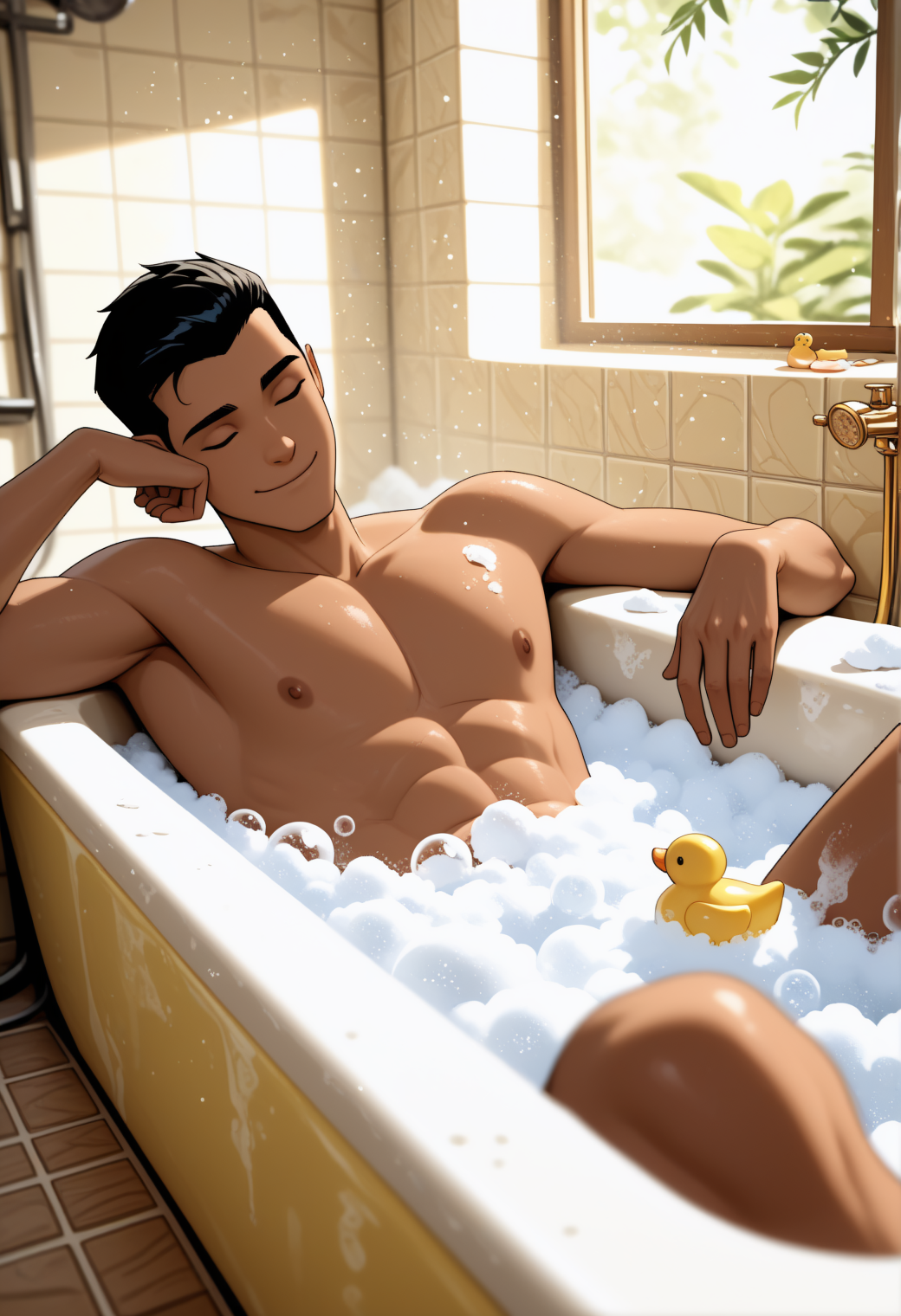 masterpiece,best quality,
1boy,male focus,
<lora:rex_salazar_NAI_EPS_1_0_CAME_v1_rev6:1>,
r3x5GR,black hair,dark skin,
completely nude,closed eyes,relaxing,smile,closed mouth,arm rest,bath tub,day,indoors,sunlight,light particles,scenery,soap bubbles,(rubber duck:0.6),convenient censoring,spread legs,reclining,
depth of field,atmospheric perspectiveâââ,âââ