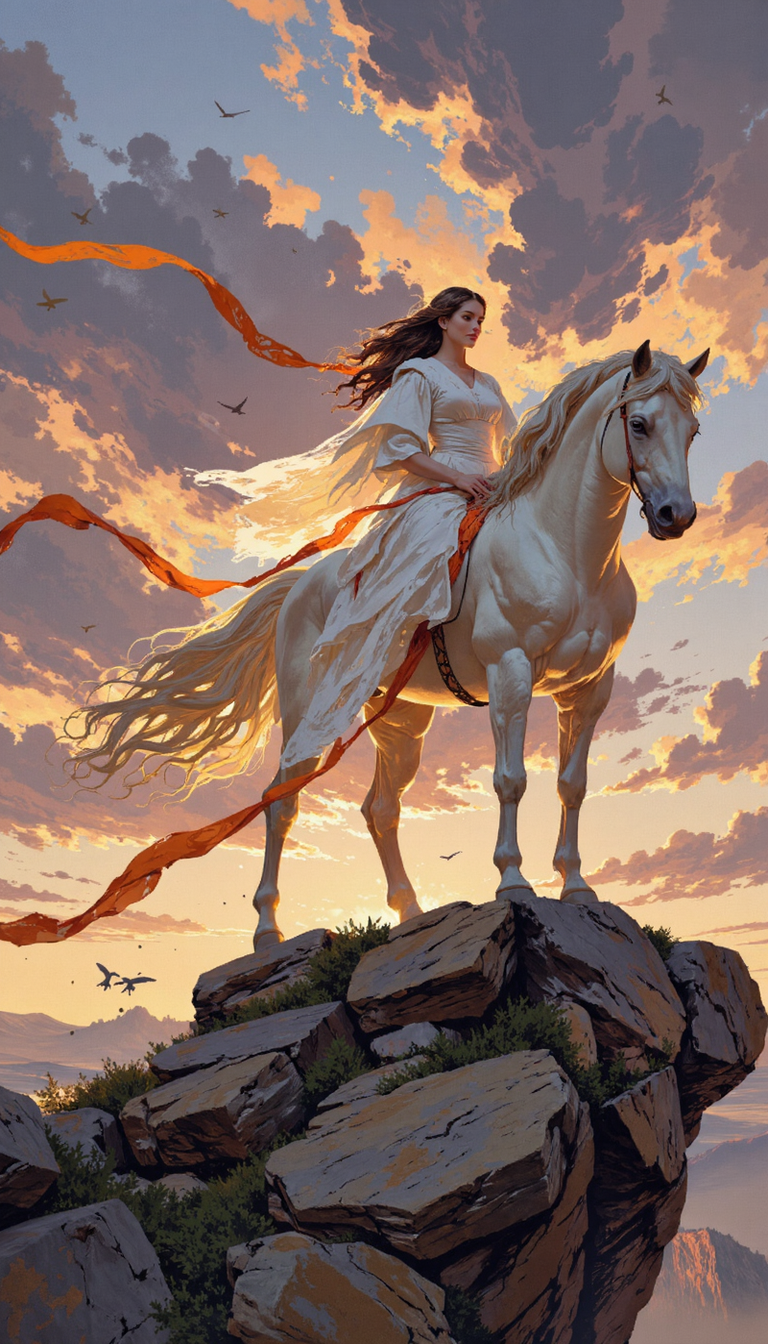 pscho_4rt,mythp0rt, A digital illustration shoot from a profile camera angle about a majestic figure of a woman riding a white horse on a rocky cliff during sunset, with flowing orange ribbons around her. the image also shows dramatic clouds and birds flying in the sky. on the middle of the image, a woman, who appears to be in her mid-twenties, with long, flowing hair, is standing on the rocky cliff. she is facing away from the viewer, with a serene expression on her face. the woman is wearing a flowing white dress, which is flowing in the wind, and her body is slim. her hair is styled in a long hair style, and she is wearing no shoes. her eyes are not visible, but her expression is calm and peaceful. the horse is also standing still, with its mane and tail flowing behind it. the background is a dramatic sunset with orange and pink hues, and the sky is filled with clouds.  1girl, solo, long hair, dress, animal, sky, cloud, bird, animal focus, sunset, horse, white horse  camera_angle: profile, art_style: digital illustration, location: rocky cliff, background: dramatic sky with clouds and flying birds, text: NA, shoes: NA;NA, clothing: flowing dress;white dress, accessory: none;none, hair_color: brown hair;brown hair, distance_to_camera: full body;full body, action: standing;standing, facing_direction: facing away;facing away, eye_direction : NA;looking at viewer, facial_expression: calm;peaceful, ear: no visible ear;no visible eye_color;no human, gender: 1woman;1horse, hair style: long hair;long hair, race: white horse;white horse, body: slim;slim