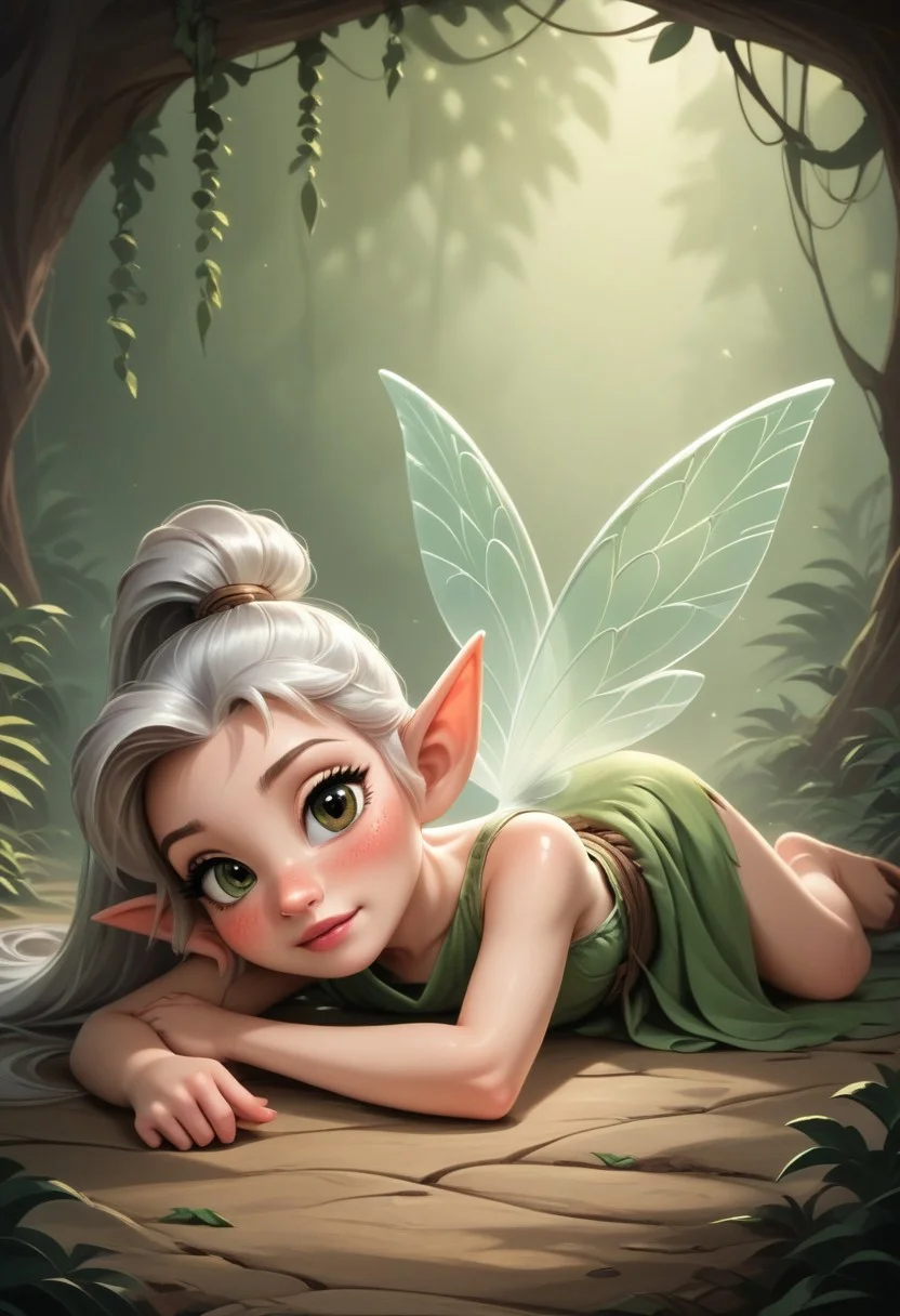 masterpiece, 8k, perfect ligthing, , child, 1girl, female, looking at viewer, cinematic lighting, Fawn, young face, (FawnWaifu:1.1), single ponytail, extra long ponytail, dress, (extra long white fairy wings), long wings, brown green clothes, clothes made from leaves, silver hair, pointy ears, (detailled eyes), shrunken, lying on side, lying on ground, blush, pixiedust, jungle, treehouse, <lora:FawnTinkerbellDisney-08:0.6> <lora:realisticGlossyFaceSkin_rseromanticRsesofiko:0.3><hypernet:empty:0.5>