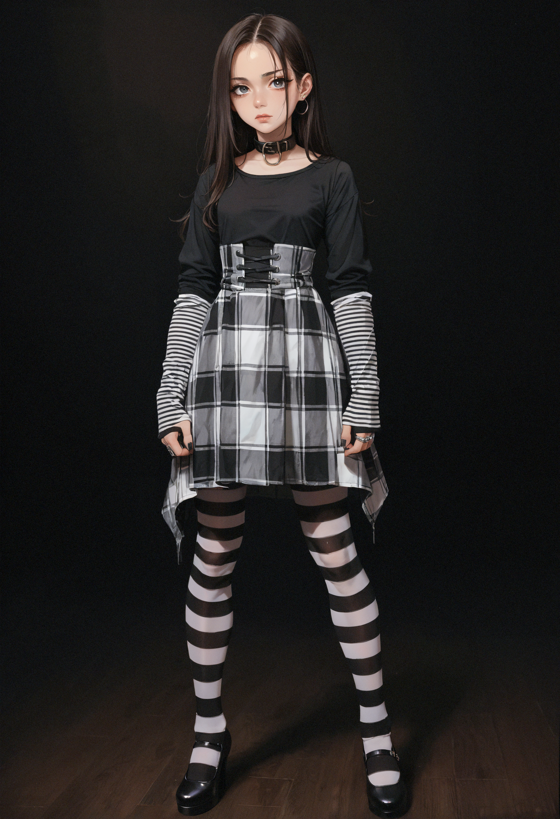 score_9,score_8_up,score_8_up,(portrait:1.3),dark background,1girl,standing,full body,very long hair,high-waist plaid skirt,striped clothes,striped pantyhose,black top,long sleeves,black platform high heels,small breasts,black nails,multiple rings,striped sleeves,black collar,collar ring,striped arm warmers,sleeves past wrists,high-waist skirt,<lora:MyTrainings\Temp\AlterCiri_Striped_Socks_Goth_Dress_Pony_ARZUMATA\AlterCiri_Striped_Socks_Goth_Dress_Pony_ARZUMATA.safetensors:0.7>