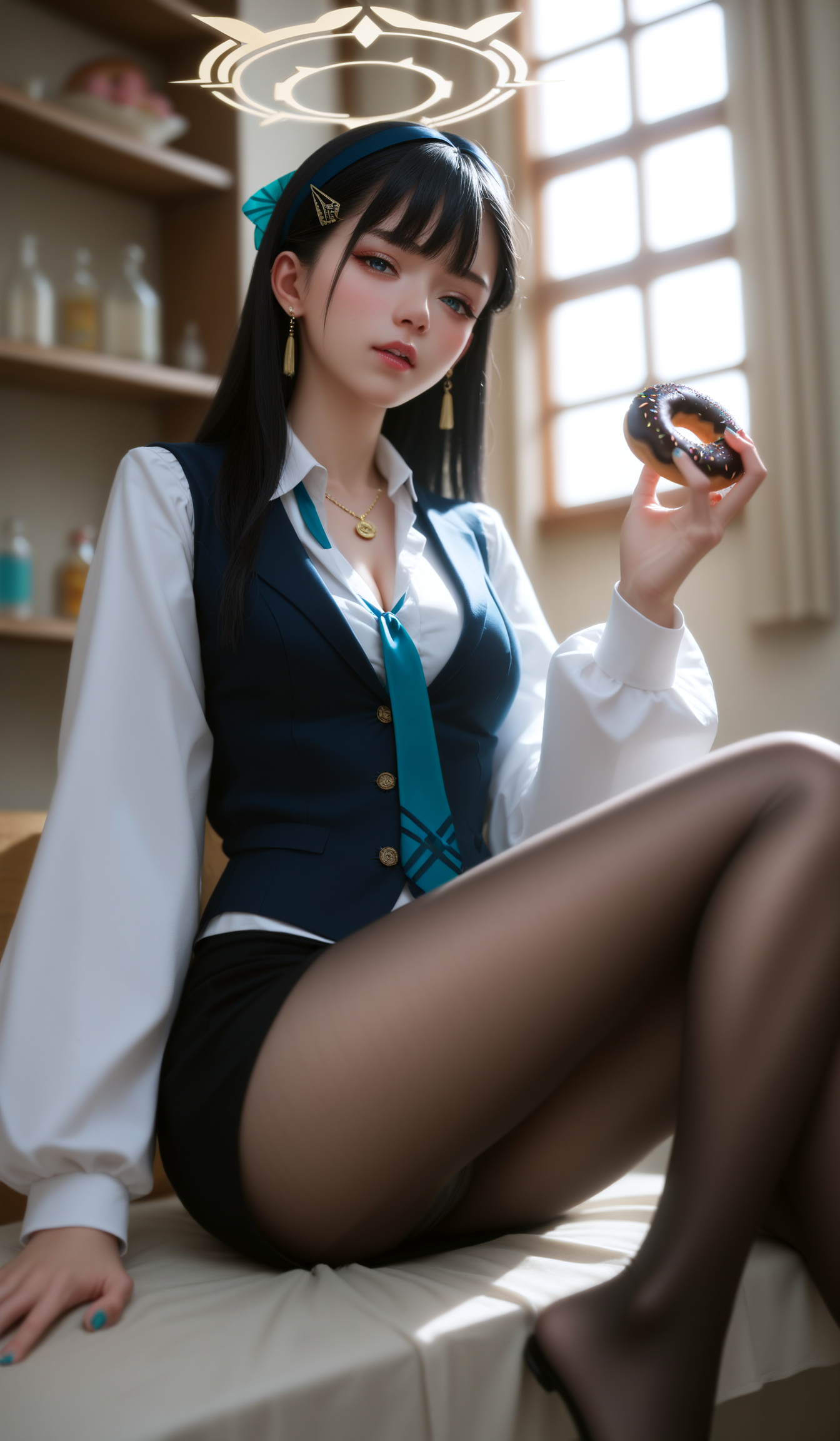 score_9,score_8_up,score_7_up,rating_explicit,underwear ,panty ,presenting, white skin, delicate and whimsical ambiance,Indoor ,chinese_girl,
(fubuki_\(blue_archive\),white_jacket,doughnut,halo,black_pantyhose,blue_necktie,long_sleeves,white_shirt,hair_bow,blue_vest,holding_food,),
peerlessly beautiful,(dynamic angle,dynamic pose),shine,glowing,energy coalescing and vibrating,Close-up photo,sitting,Elegant,
wearing gothic outfit,(((miniskirt))),charming,alluring,seductive,erotic,enchanting,cleavage,exposed,
(amulet ),(hair clip, polished included (i2) turquoise, baguette cut, girdle facets, 8.00 carat, bewitching,    polished, yellow gold, rigid, stalwart, surface treatment, art deco setting, lab-grown, scarce, bohemian, renaissance, mystical and occult),