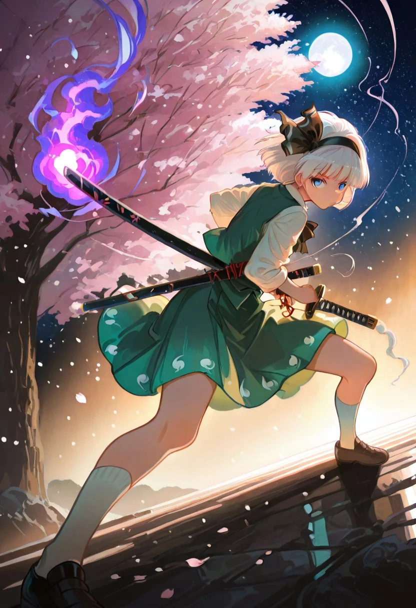 source_anime, high res image, (masterpiece:1.2), best quality, very awa, absurdres, perfect quality, newest, highres, (4k, 8k, Ultra HD), (ultra-detailed:1.2), very aesthetic, sharp focus, depth of field, ray tracing, best lighting, detailed illustration, detailed background, scenic, cinematic, glowing particles, shinny, glitter, 
BREAK
solo, konpaku youmu, 1girl, solo, white hair, short hair, blunt bangs, blue eyes, hairband, hair ribbon, black ribbon, black bowtie, white shirt, collared shirt, green vest, green skirt, socks, beautiful face, beautiful eyes, detailed eyes, glossy lips, glossy hair, (full body:1.1), (release particles light:1.1), (floating particle light:1.1), purple glowing aura body, purple magic array, accurate anatomy, ultra detailed face, luminous ghost, 
BREAK 
katana, (detailed katana:1.2), sheath, drawing a katana, unsheathing a katana, (battoujutsu stance:1.1), dynamic pose, fighting stance, ready to draw,
BREAK
cherry blossom tree, cherry blossoms, blowing in the wind, windy, midnight, dark background, moon light, (soft lighting:1.1), stars, pastel colors, gradient color, tense atmosphere, warm tone, soft fill light, (ambient light), (dynamic light), vivid colors, high contrast, bright face, illuminated face, cinematic angle, dutch angle, dynamic angle
