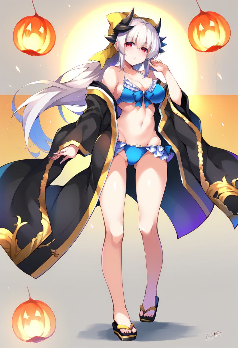 score_9, score_8_up, score_7_up, source_anime BREAK 1girl,  <lora:spfateKiyohimeXLPony:1> kiyola3st, white hair, horns, yellow bow, blue bikini, cleavage, frills, frilled bikini, japanese clothes, black kimono, standing, full-body shot,      <lora:CRNest-Style-PonyXL-Dora-000022:1>