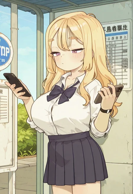 female, long blonde hair, gyaru, big breasts, school uniform, phone in hand, looking at phone, emotionless, half closed eyes, outdoors, bus stop
masterpiece, best quality ,amazing quality, YOK8PPA, possmach,