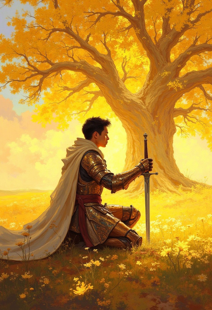 DDB4RZ style painting,  main cover image for Elden Ring. A lone warrior in gleaming armor is kneeling beneath a . He stuck the sword into the ground and gazes out at the scenery. A flowing cape billows behind him. The ground is covered with golden flowers. The background reveals a distant majestic golden tree. The image has a warm, golden hue. DB4RZ.