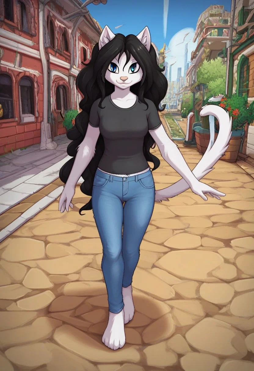 score_9, score_8_up, score_7_up, score_6_up, (masterpieces:1.2), very detailed, easynegative, negative_hand, source_cartoon, source_furry, city park, outdoors, outside, front view
BREAK 1girl, beth
BREAK anthro, black short-sleeved shirt, blue denim jeans, black hair, blue eyes, cat ears, cat tail, closed mouth, female, female focus, furry, full body, long hair, looking at viewer,(medium breasts:1.6), (slim body:0.8), smiling, solo, (thin body:0.7), white body, white fur, standing