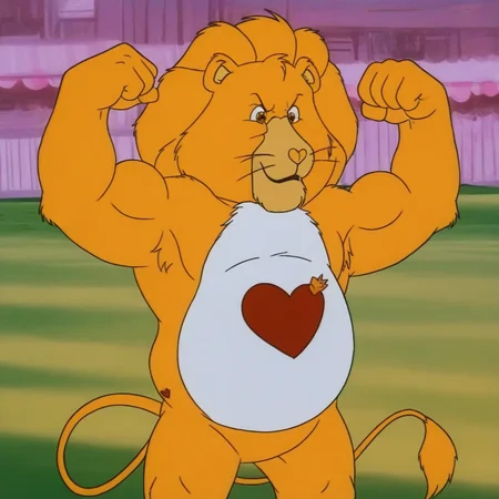 lion, yellow body, standing very tall, muscular, round belly, bara, mane, tail, detailed eyes, solo, flexing arms, in an open field, heart shaped nose,