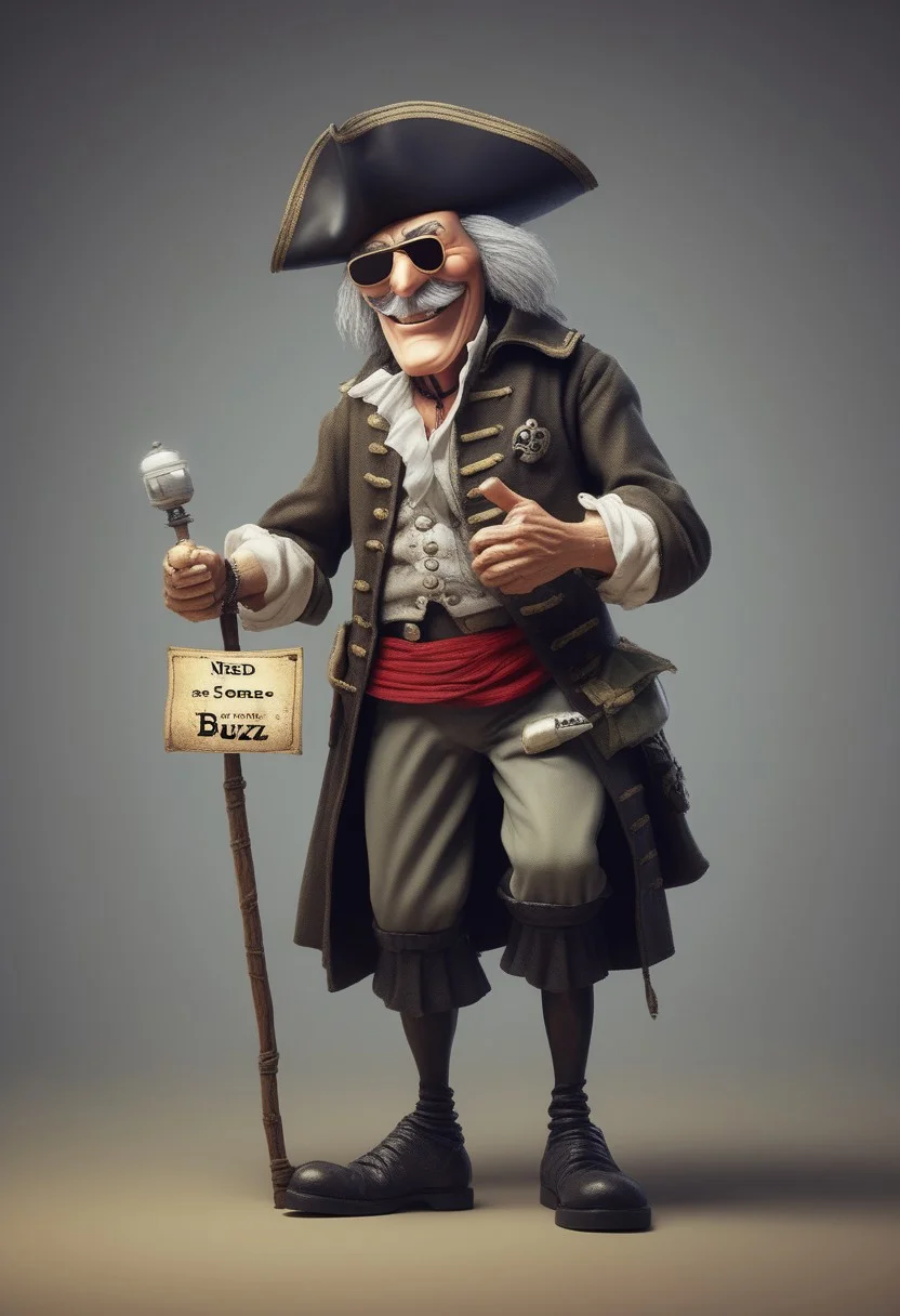 "Need some Buzz" An old, blind, cartoon British pirate, on one leg, stretches out his hand to the viewer asking for money. Around the pirate's neck hangs a sign , <lora:texta:0.9>