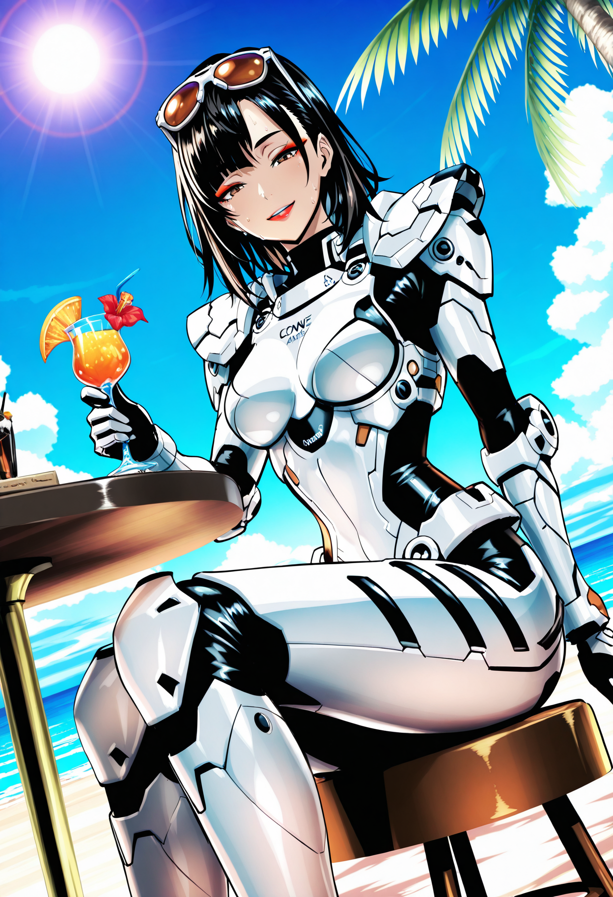 solo, 1girl, black hair, asymmetric bangs, medium hair, brown eyes, mascara, red eyeshadow, red lips, bronze skin,  oval face, medium breasts,
beach cafe, Palm trees, holding a cocktail, sunglasses on head, sweat, smile, happy, half closed eyes, sun, blue sky, ocean,
sitting on bar stool, side view, dutch angle, looking at viewer, face focus,
<lora:AugmentedReactionSuitIL:1>,   augmentedreactionsuit, science fiction, white armor, white gauntlets, white knee pads, white chestplate, armor, 
masterpiece,best quality,amazing quality,     <lora:yusuke-murataIL-style:0.8>