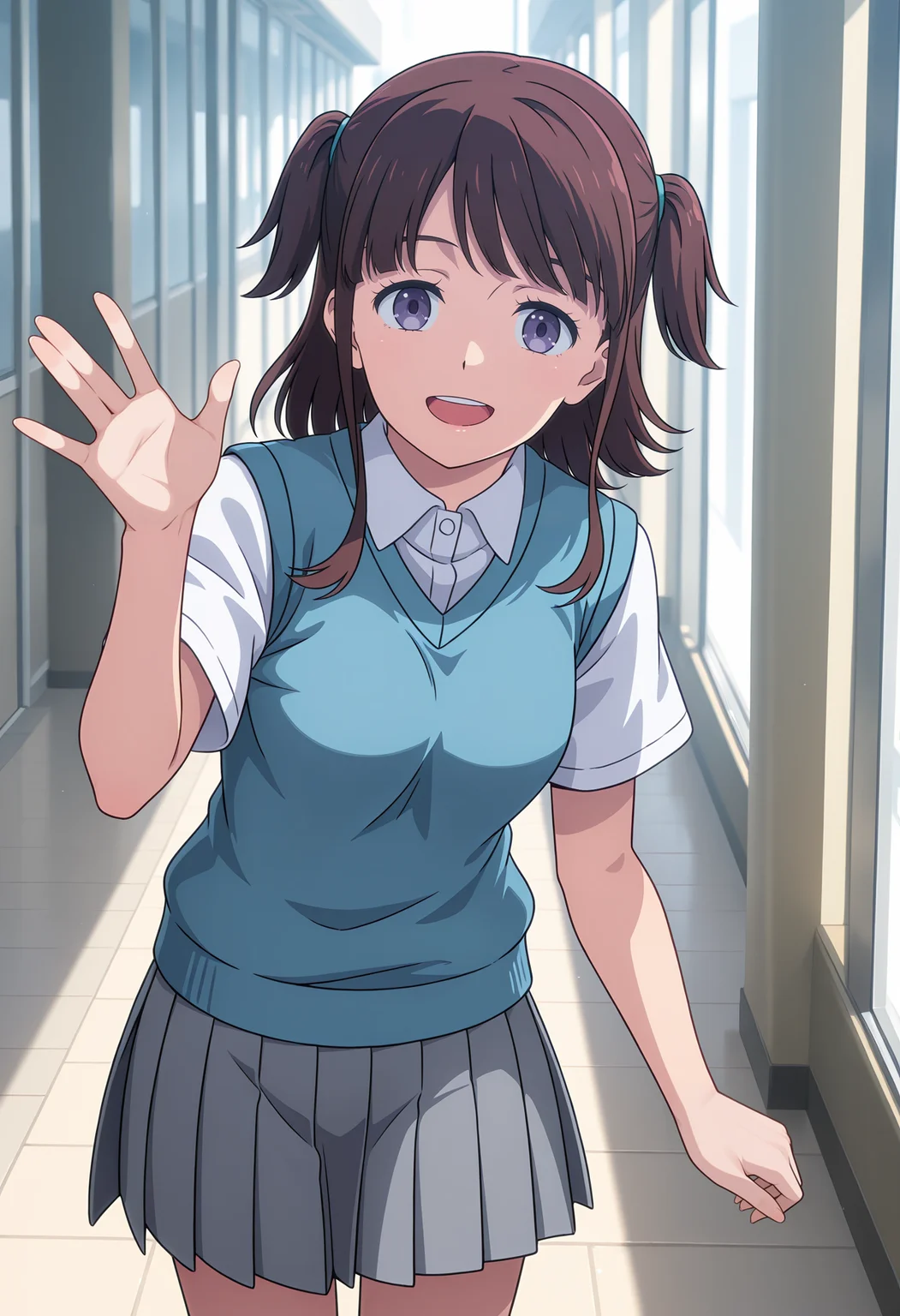 <lora:Kumiko-000060:1>,
Kumiko,solo,pleated skirt,looking at viewer,grey skirt,short sleeves,white shirt,two side up,blue sweater vest,teeth,smile,waving,upper teeth only,cowboy_shot